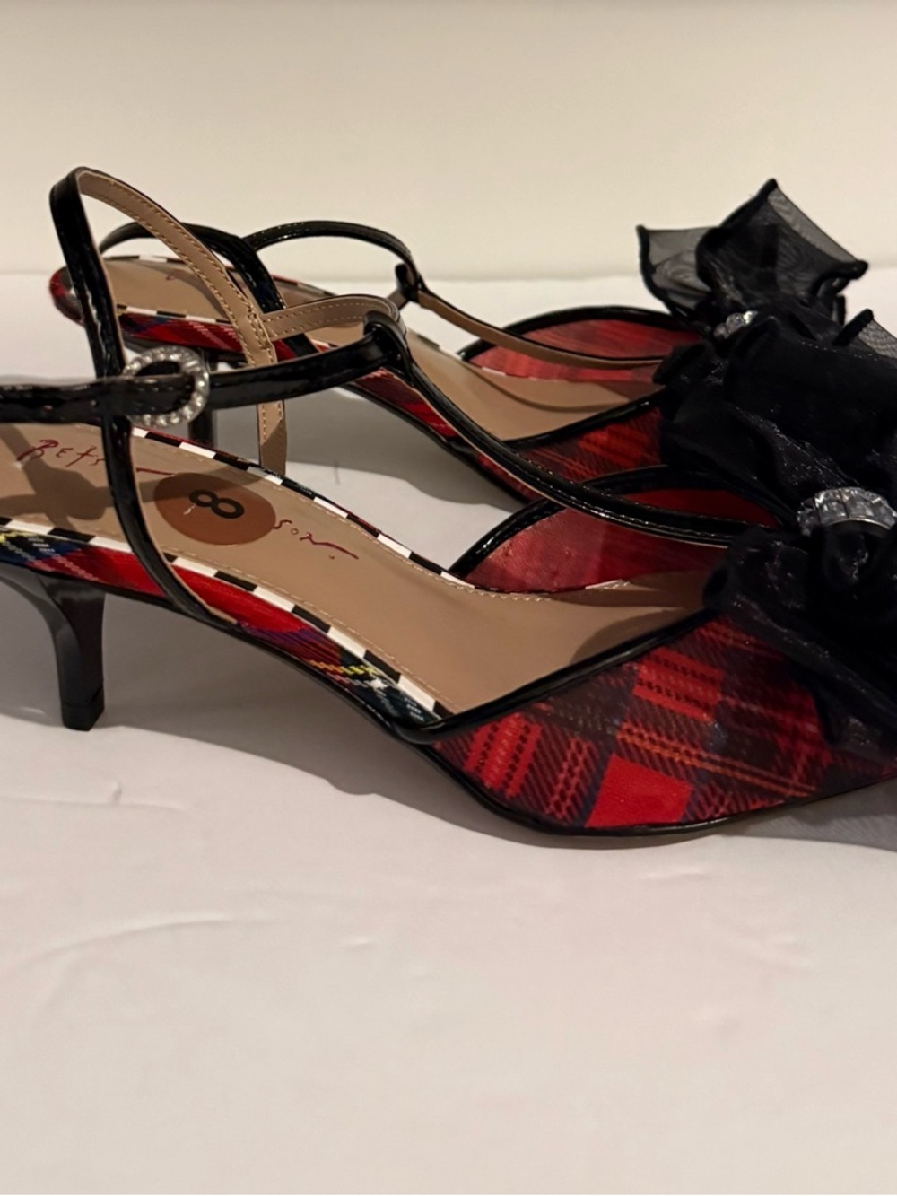 Betsey Johnson Red Tartan Pointed T-Strap Heels with Black Ruffle - Picture 4 of 8